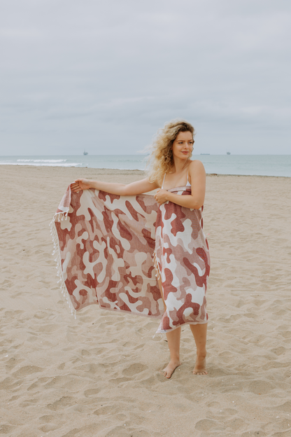 Camo Print Sand Resistant Reversible Turkish Towel in Burgundy