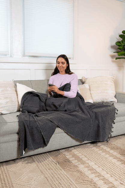 Stonewashed Organic Small Turkish Throw Blanket in Charcoal Grey/Faded Black