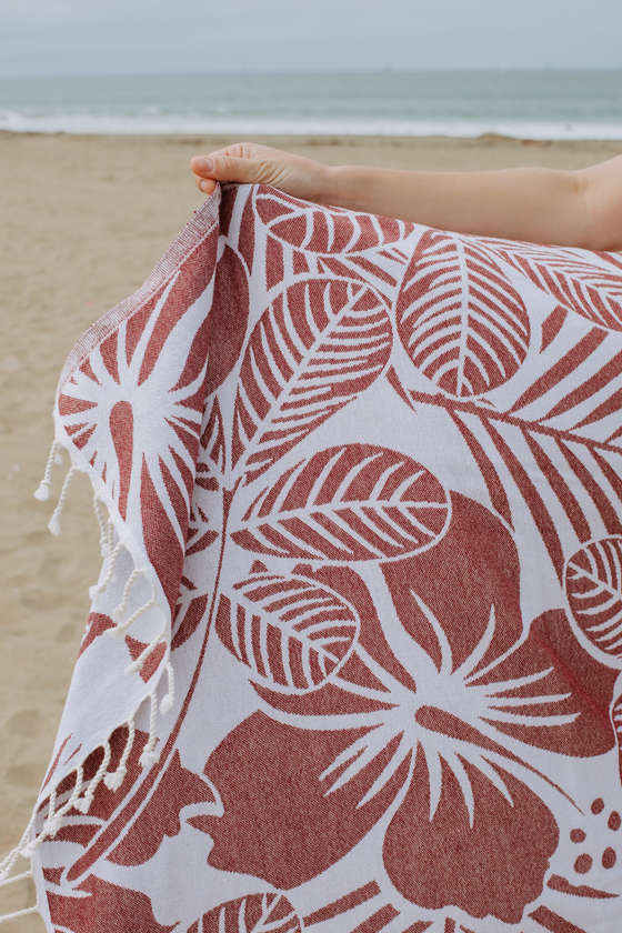 Hawaiian Flower Print Reversible Turkish Towel Made From 100% Cotton in Burgundy