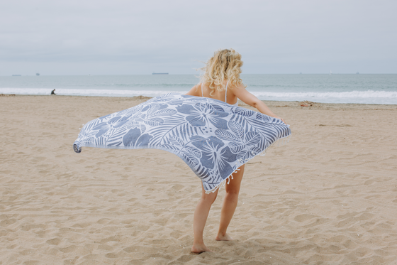 Hawaiian Flower Print Reversible Turkish Towel Made From 100% Cotton in Navy