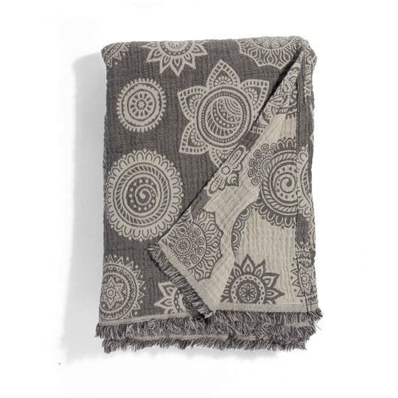 Clearance - Mandala Reversible Muslin Blanket in Charcoal and Grey