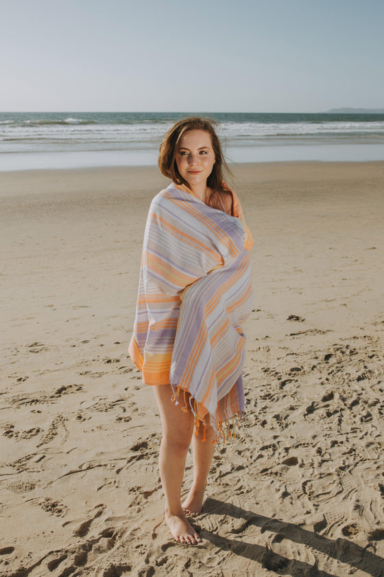 CLEARANCE - Rainbow Variegated Sand Free Turkish Towel in Orange