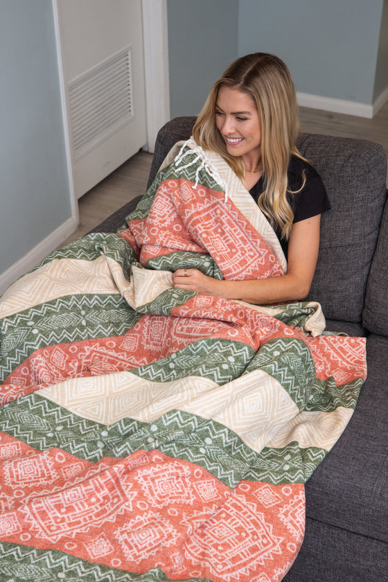 Cozy Turkish Throw Blanket in Coral, Olive Green & Peachy Beige