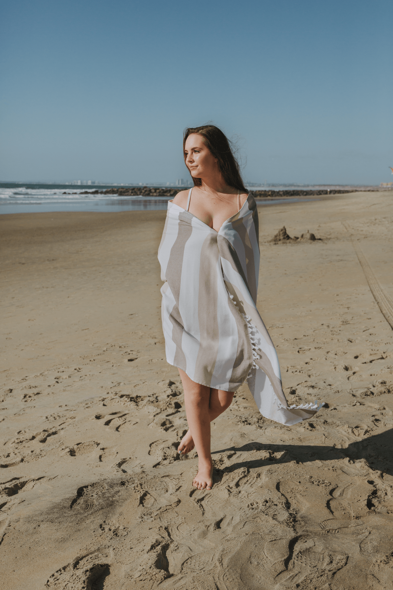 Kapris Striped Turkish Towel with Soft Terry Cloth Back in Brown, Beige and White