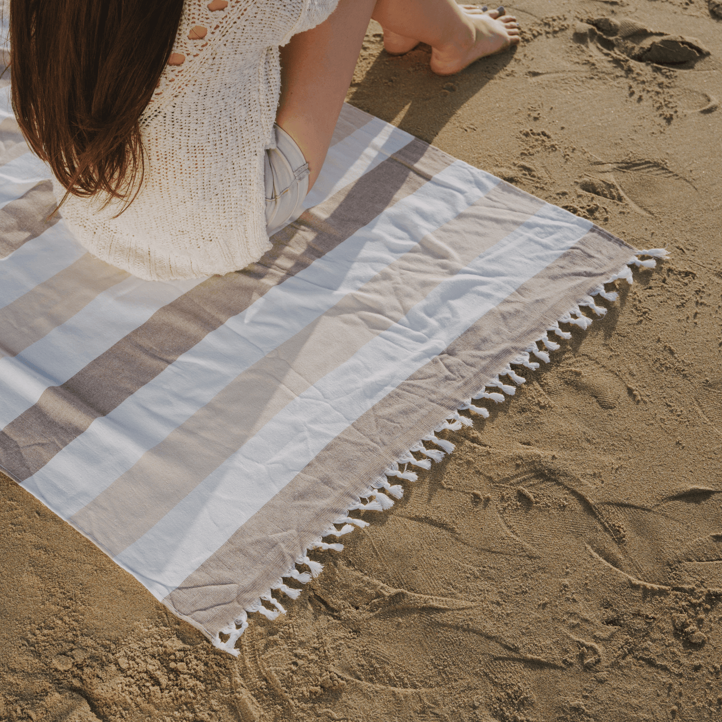 Kapris Striped Turkish Towel with Soft Terry Cloth Back in Brown, Beige and White