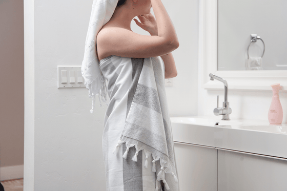Kapris Striped Turkish Towel with Soft Terry Cloth Back in Grey and White