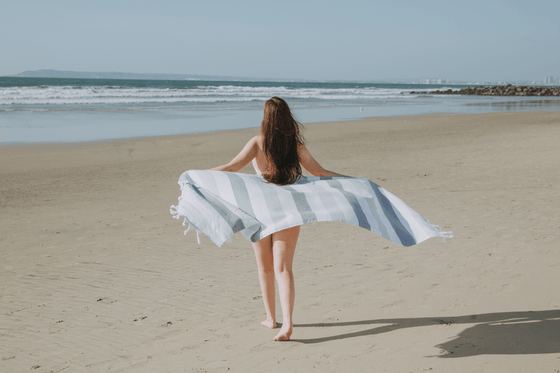 Kapris Striped Turkish Towel with Soft Terry Cloth Back in Grey and White