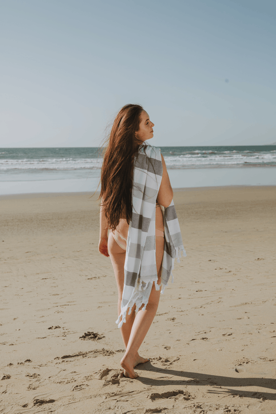 Kapris Striped Turkish Towel with Soft Terry Cloth Back in Grey and White