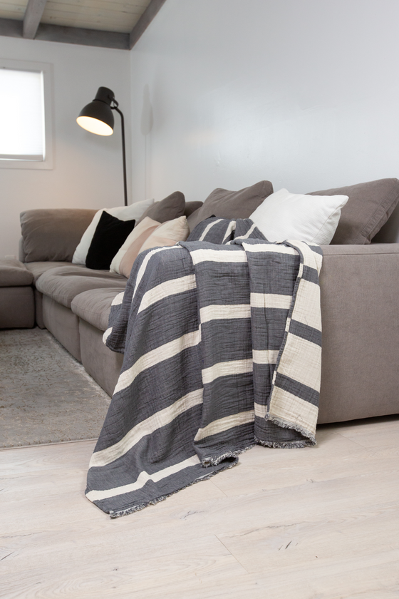 Multi Stripe Reversible Muslin Blanket in Charcoal