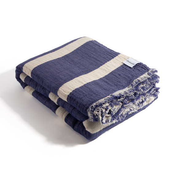 Clearance - Multi Stripe Reversible Muslin Blanket in Navy Blue