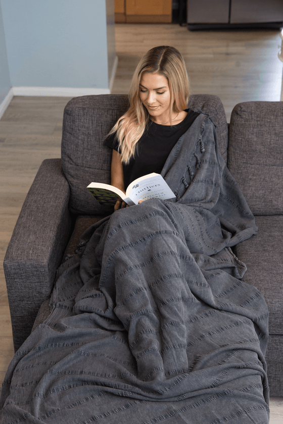 Stonewashed Large Turkish Throw Blanket in Charcoal Grey Black