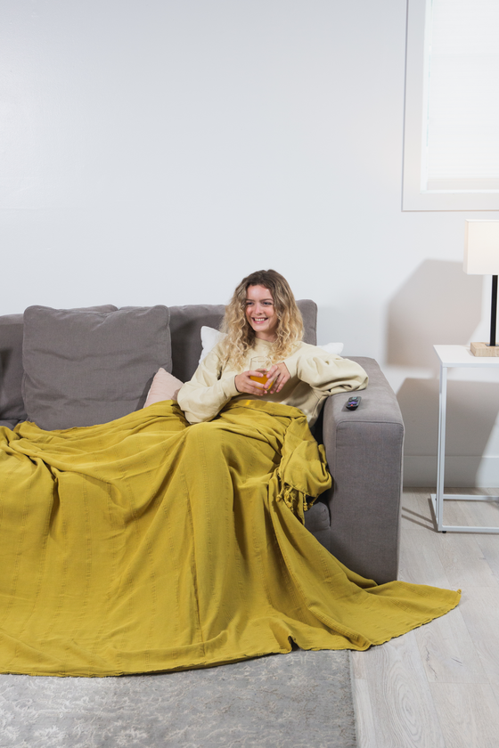 Stonewashed Large Turkish Throw Blanket in Golden Yellow