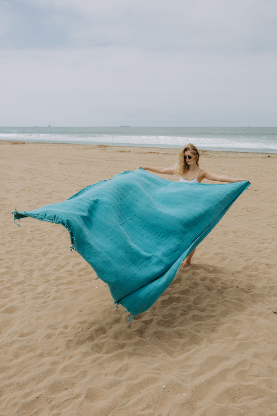 Stonewashed Large Turkish Throw Blanket in Teal Blue