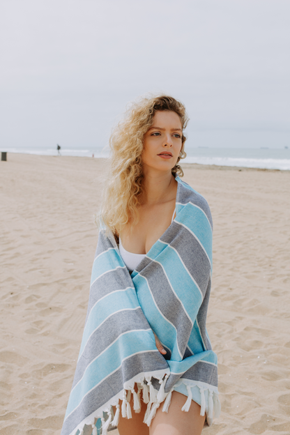 Multi Stripe Terry Cloth Lined Turkish Towel in Blue and Navy