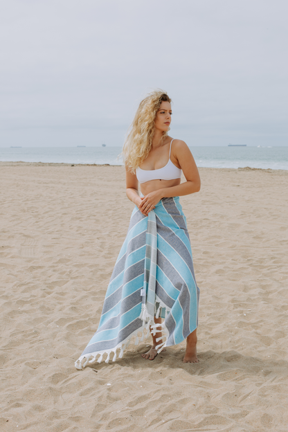 Multi Stripe Terry Cloth Lined Turkish Towel in Blue and Navy