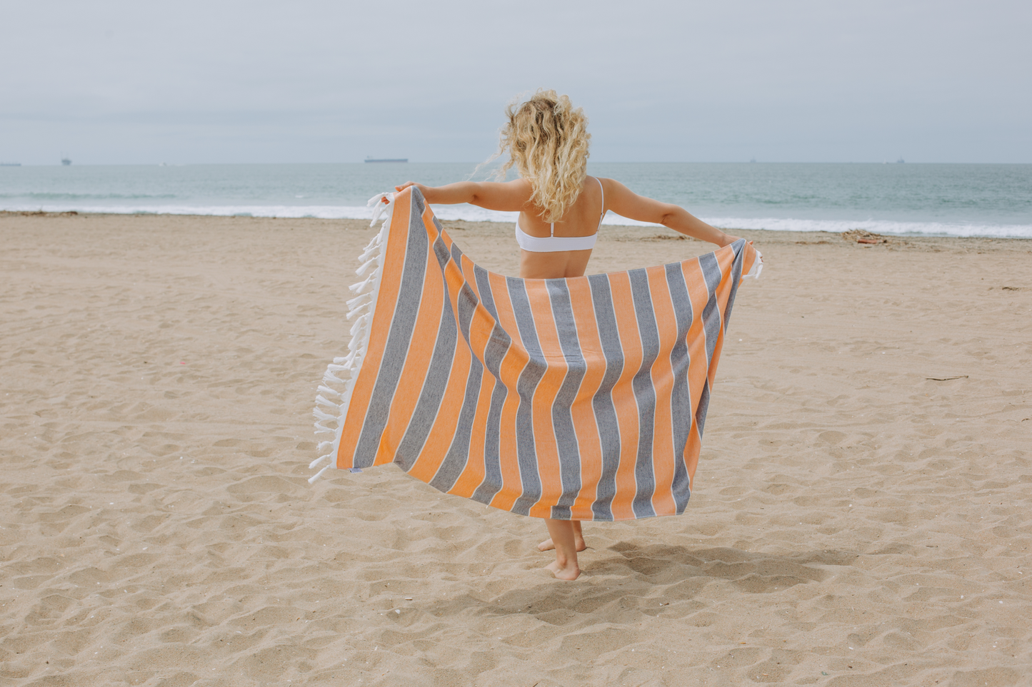 Multi Stripe Terry Cloth Lined Turkish Towel in Orange and Navy Blue