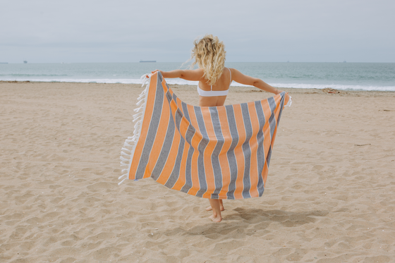 Thick Multi Stripe Terry Cloth Lined Turkish Towel in Orange and Navy Blue