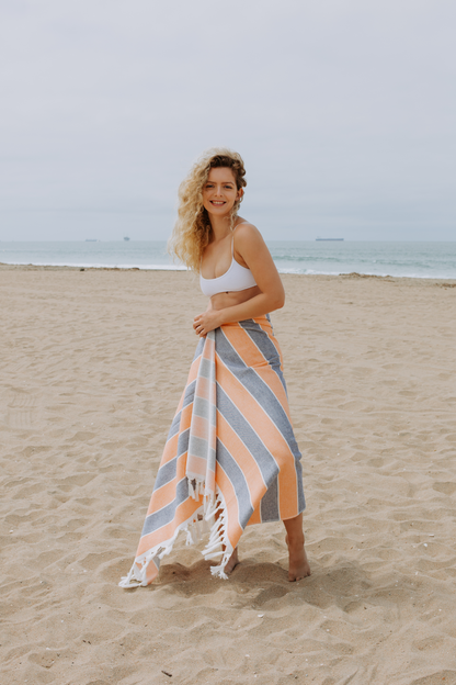 Multi Stripe Terry Cloth Lined Turkish Towel in Orange and Navy Blue