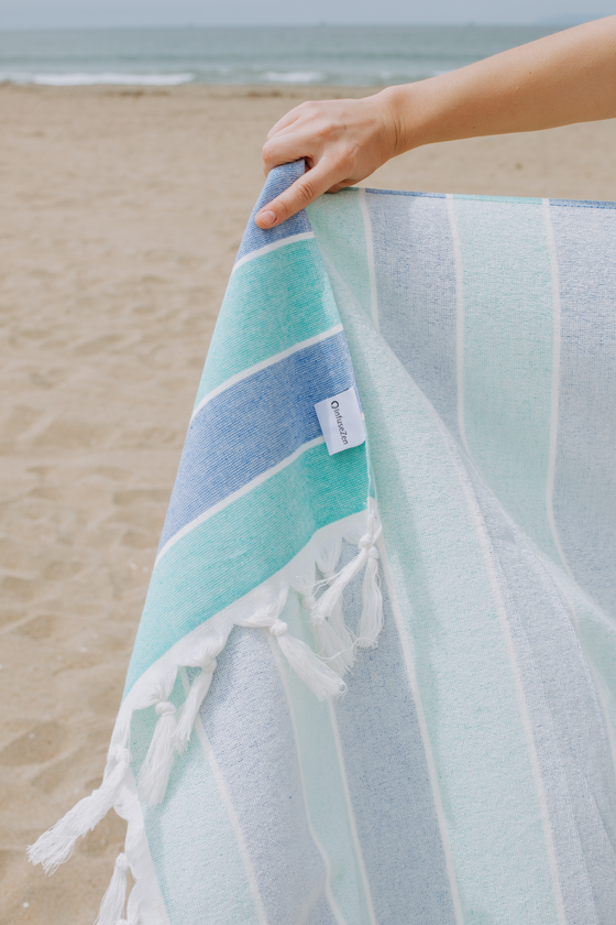 Multi Stripe Terry Cloth Lined Turkish Towel in Mint and Blue