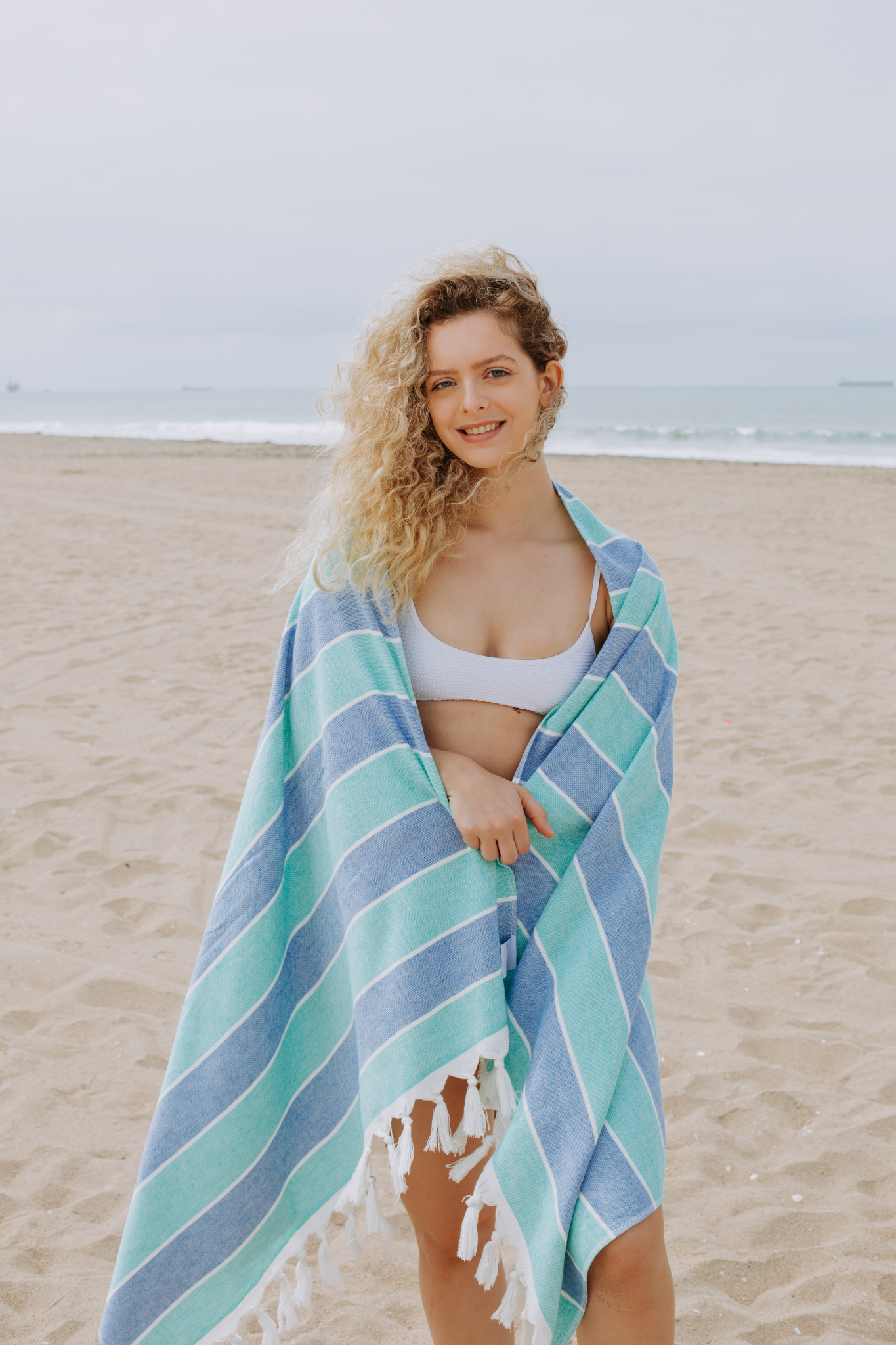 Multi Stripe Terry Cloth Lined Turkish Towel in Mint and Blue