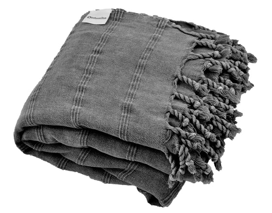 Stonewashed Organic Large Turkish Throw Blanket in Charcoal Grey/Faded Black